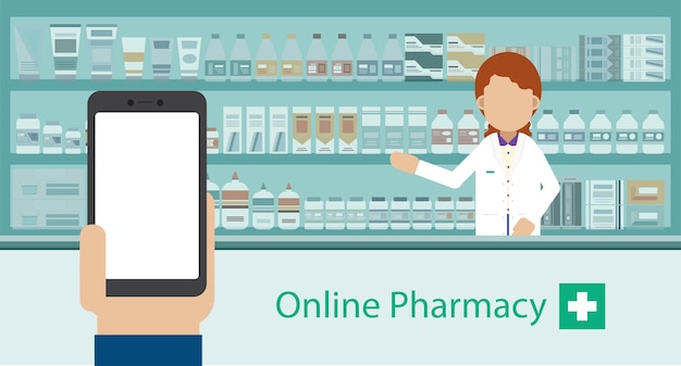 Online Pharmacy concept with empty screen mobile phone and pharmacy vector illustration