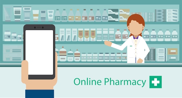 Online pharmacy concept with empty screen mobile phone and pharmacy vector illustration