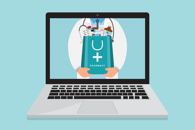 Vector online pharmacy. doctor with medicine bag inside laptop