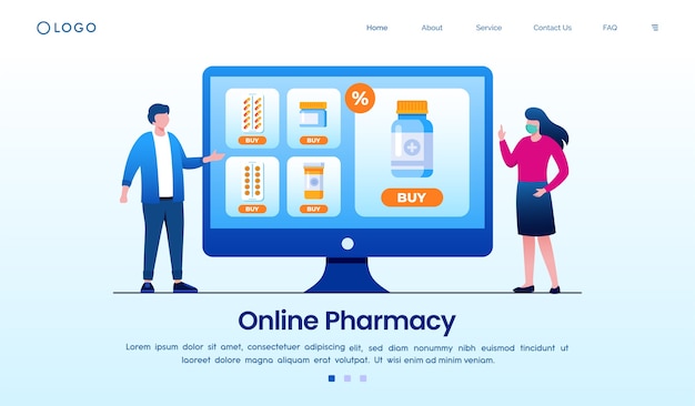 Online pharmacy easy order with computer eps vector template