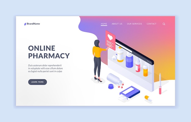 Modello di banner isometrico farmacia online