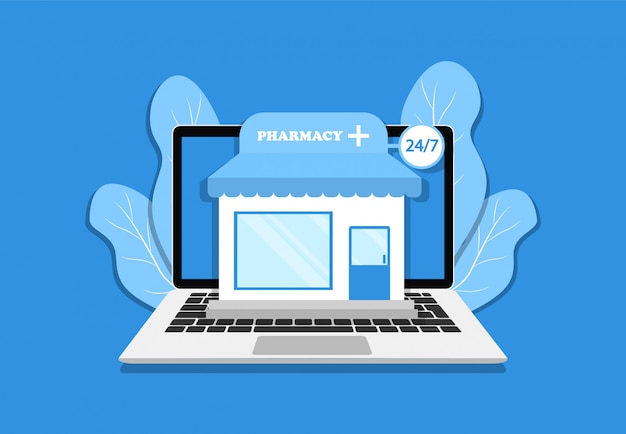 Vector online pharmacy on laptop. stay home. quarantine.