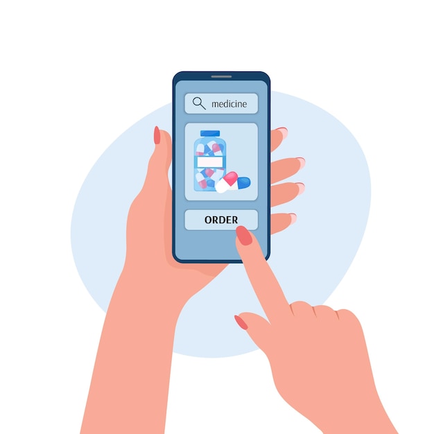 オンライン薬局の注文 モバイルアプリケーションでの薬の購入 スマートフォンを手に持ち、インターネットのウェブサイトストアで薬を買う女性 フラットベクターイラスト