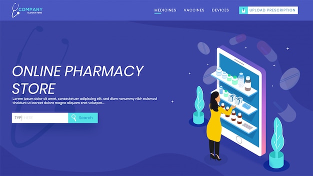 Vector online pharmacy service landing page design.