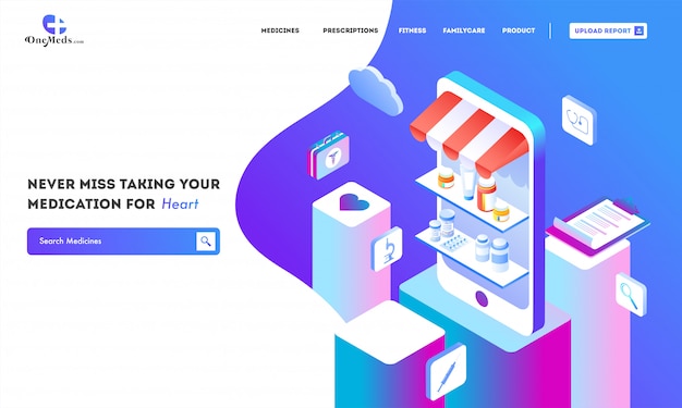 ベクトル 医療ショップの等角投影ビューを使用したオンライン薬局サービス