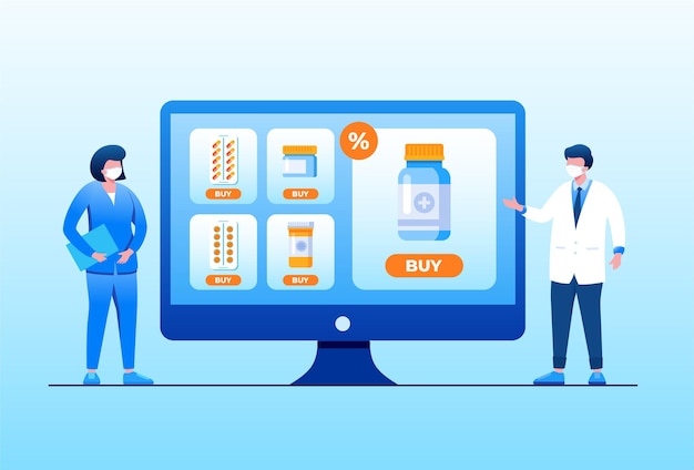 Illustrazione vettoriale piatta per lo shopping in farmacia online per banner e landing page