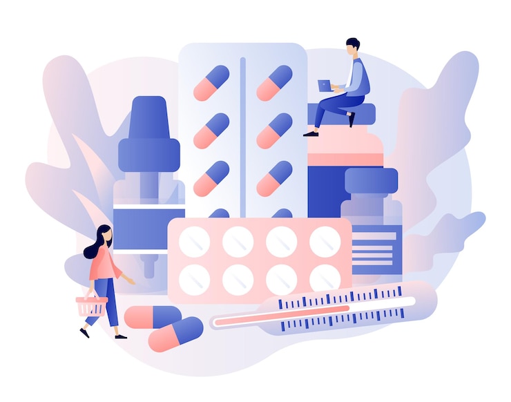 Концепция интернет-аптеки Купить лекарства и лекарства онлайн Маленькие люди Фармацевты