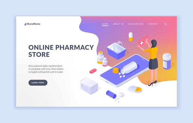 Vector online pharmacy store isometric design of web page