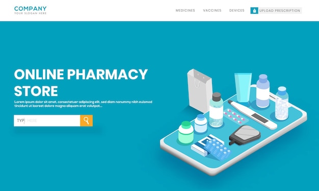 Vector online pharmacy store landing page design with medical equipment medicine on isometric smartphone