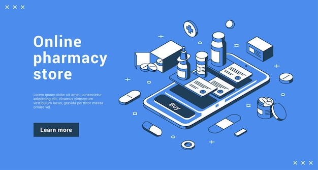 Online pharmacy store landing page vector isometric illustration medical pharmaceutical digital shop