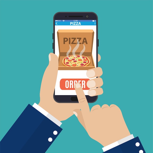 Online pizza bestellen. hand met smartphone met pizza op het scherm. bestel fastfoodconcept. vectorillustratie in vlakke stijl.