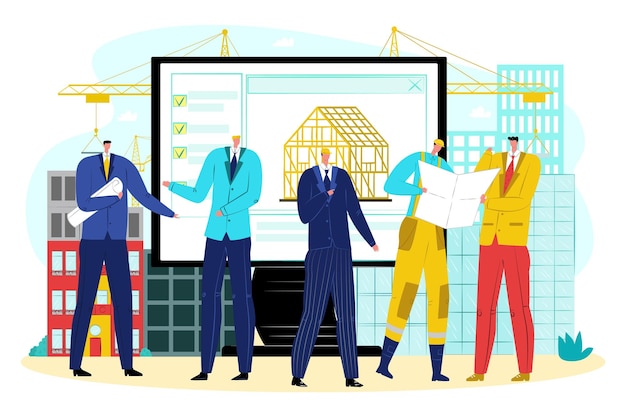 Vector online platform for construction engineering, vector illustration. man people character discuss modern architecture project design. engineer, worker in helmet stand near industry building site.