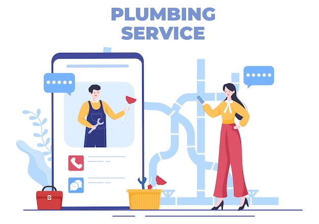 Online Plumbing Service with Plumber Workers Repair, Maintenance Fix Home and Cleaning Bathroom Equipment in Flat Background Illustration