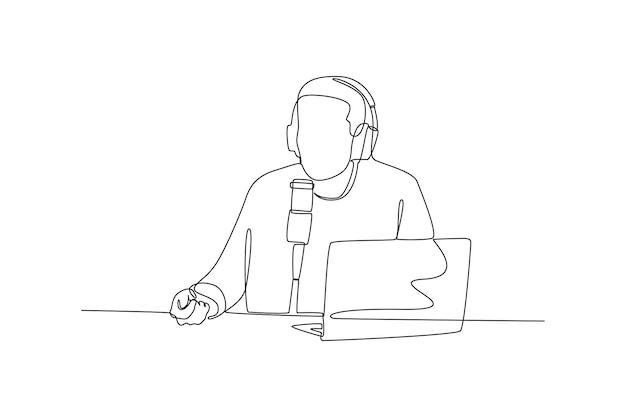 Online podcast host one line drawing concept of podcast recording radio interviews online streaming