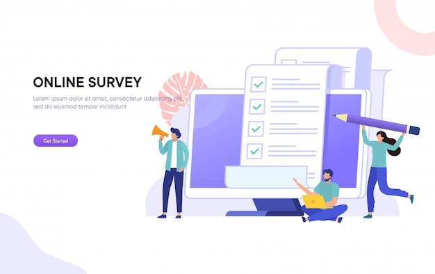 Vector online polling & survey  illustration concept, people filling online survey form on laptop, to do list paper note