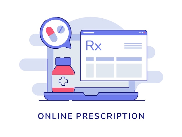 Concetto di prescrizione online con tablet pillola di droga e laptop con stile contorno colore piatto