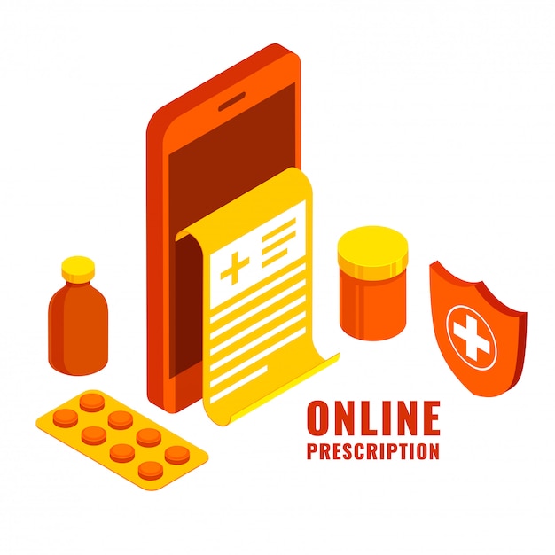 Vector online prescription in smartphone with medicine packet, bottle and security shield on white background.