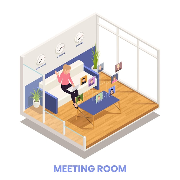 Online presentation and conference concept with meeting room symbols isometric illustration