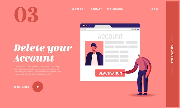 Online privé-informatie verwijderen in de sjabloon voor internetbestemmingspagina's. Mannelijke karakter Push-deactiveringsknop Sociale account verwijderen. Kleine man op enorme netwerkwebpagina. Cartoon vectorillustratie