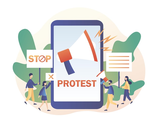Protesta online e concetto di attività sociale parata incontro politico o manifestazione manifestante di persone minuscole