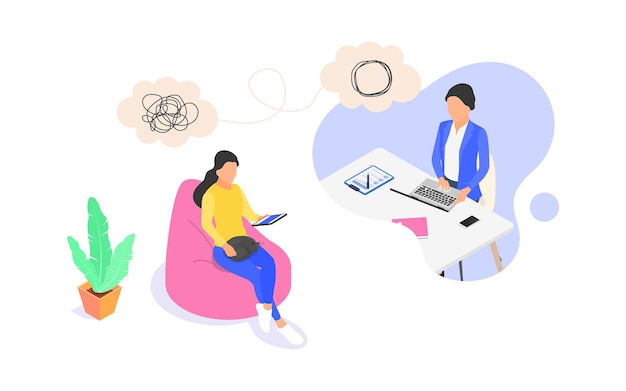 Vector online psychological counseling concept. the woman provides psychological support to the woman. flat vector isometric illustration isolated on white background.