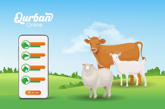 オンラインqurbanモバイルアプリケーションの概念。イードアルアドハーのための犠牲動物とスマートフォンのイラスト