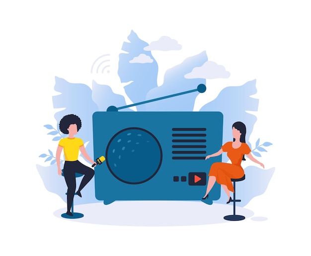 Online radio podcast Vrouwen nemen interview op Talkshow Omroeper communiceert met gast in studio Audio nieuwsuitzending Vrouwtjes spreken met microfoons Vector live streaming