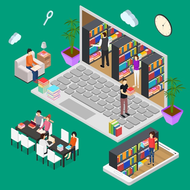 Vector online reading isometric view for web and app education concept. vector illustration