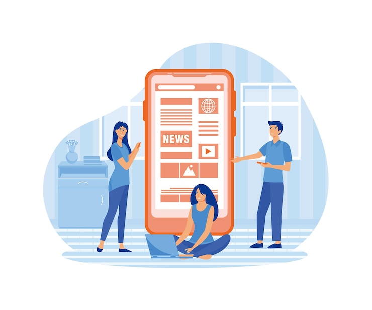Vector online reading news young men and women are standing near big smartphone and using their own smart phones for reading news flat vector modern illustration