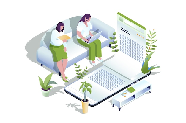 Online reading web concept in 3d isometric design People reading ebooks or textbooks on laptop and mobile application and buying electronic books in bookstore sites Vector web illustration