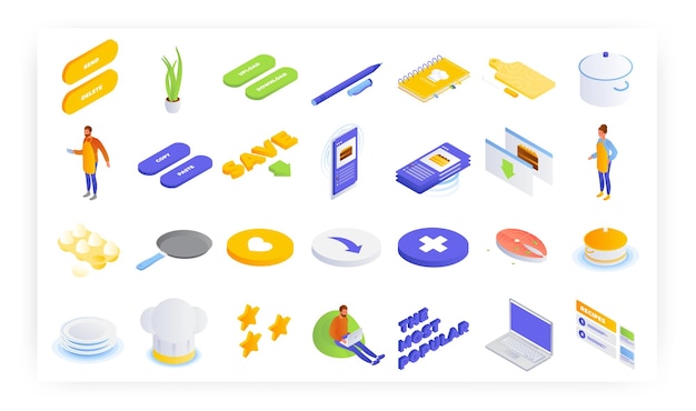 Online recipes and cooking books vector isometric icon set the most popular and saved food recipes