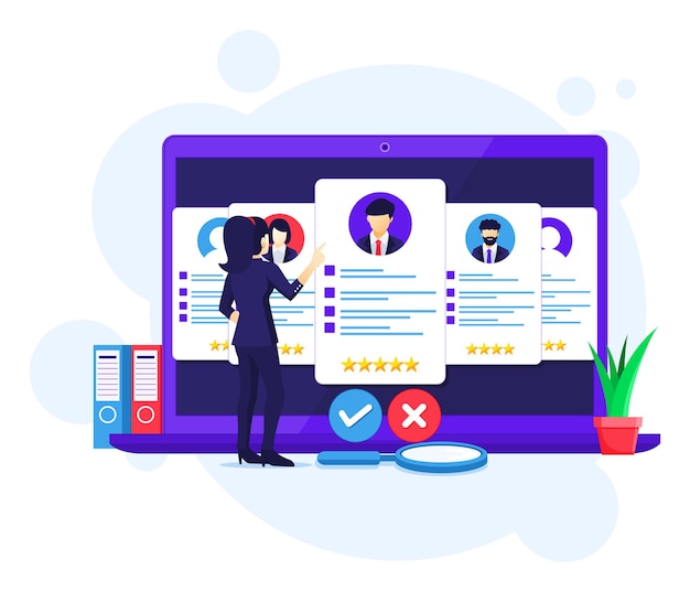 オンライン採用のコンセプト、実業家が新入社員の候補者を検索して選択し、イラストを採用