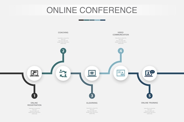 Online registratie coaching e-learning videocommunicatie online training iconen Infographic ontwerpsjabloon Creatief concept met 5 stappen