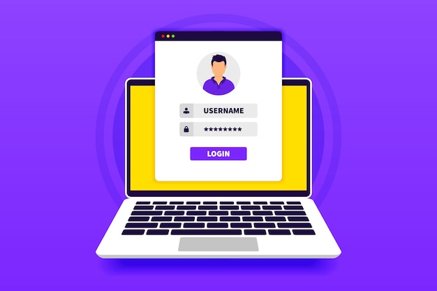 Online registratie en aanmeldingsconcept Laptop met aanmeldings- en wachtwoordformulierpagina op het scherm
