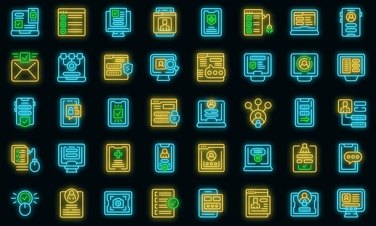 Vector online registration icons set outline vector device apply vector neon