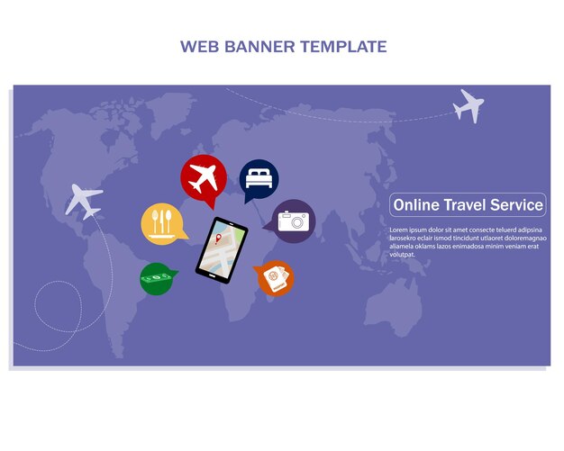 Vector online reisservicesjabloonontwerp webbanner mobiele online reisservice
