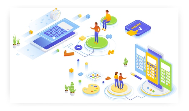 Online rekenmachines en wiskunde-apps ontwerpen isometrische vectorillustratie, de snelste rekenmachine voor wiskunde