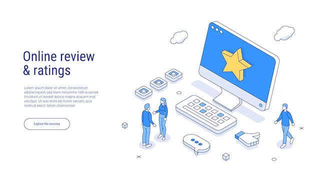 ベクトル イソメトリックベクトルイラストのオンラインレビューコンセプト 顧客調査または評判評価