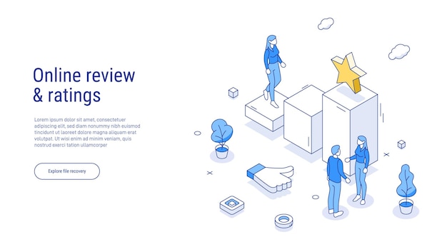 Vector online review concept in isometric vector illustration customer survey or reputation rating