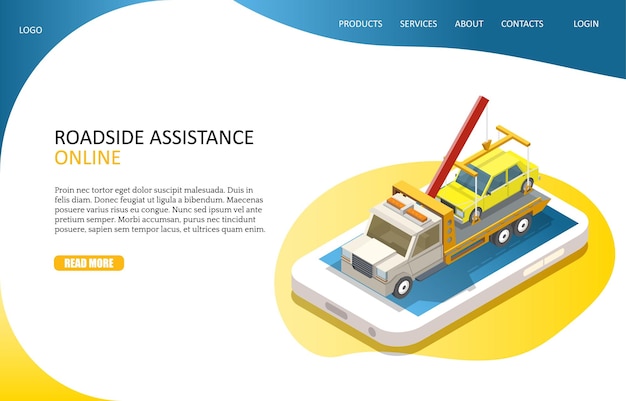 Векторный шаблон веб-сайта целевой страницы онлайн-помощи на дорогах