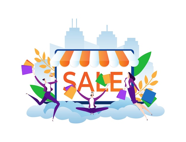 Online sale buy at internet vector illustration business people use internet shop make flat purchase at digital store technology concept