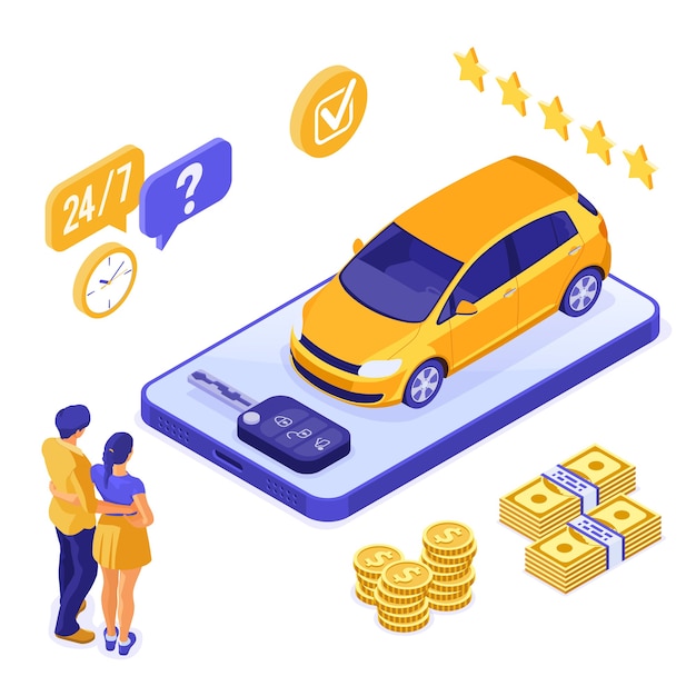 Online sale insurance rental sharing car isometric concept for landing