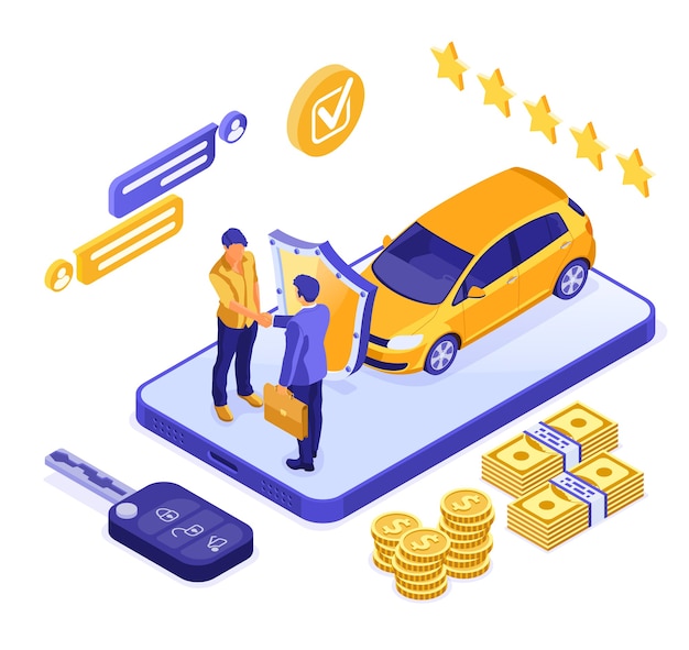 Vector online sale or rental car isometric concept with smartphone and car dealer