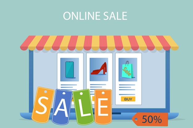 온라인 판매Eshop 및 할인 스티커 온라인 거래 및 전자 결제의 개념