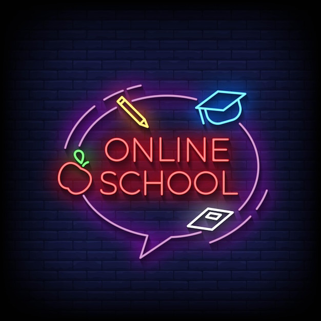 Online School Neon Sign On Brick Wall Background Vector