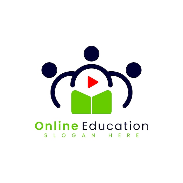 Online School People Logo Learning with Play Button. Flat Vector Logo Design Template