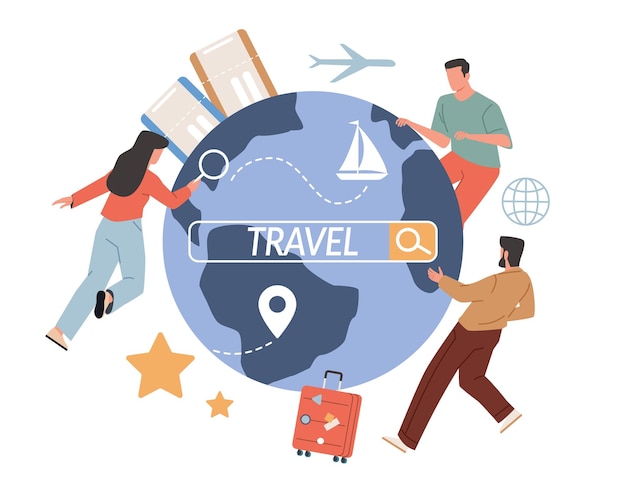 online search bar tickets beneficial travel tour help service people fly around globe interface users booking and buying in app check in system for flight nowaday vector concept