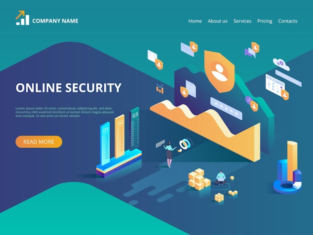 Sicurezza online, navigazione in internet sicura. concetto di protezione dei dati. illustrazione isometrica per pagina di destinazione, web design, banner e presentazione.