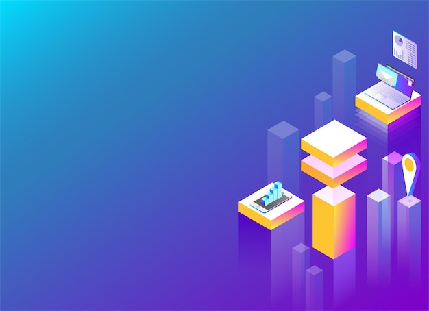 Online service and apps in megapolis abstract isometric illustration on purple spectrum background