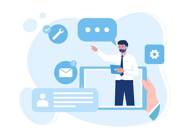 online service management or customer support via chat concept flat illustration